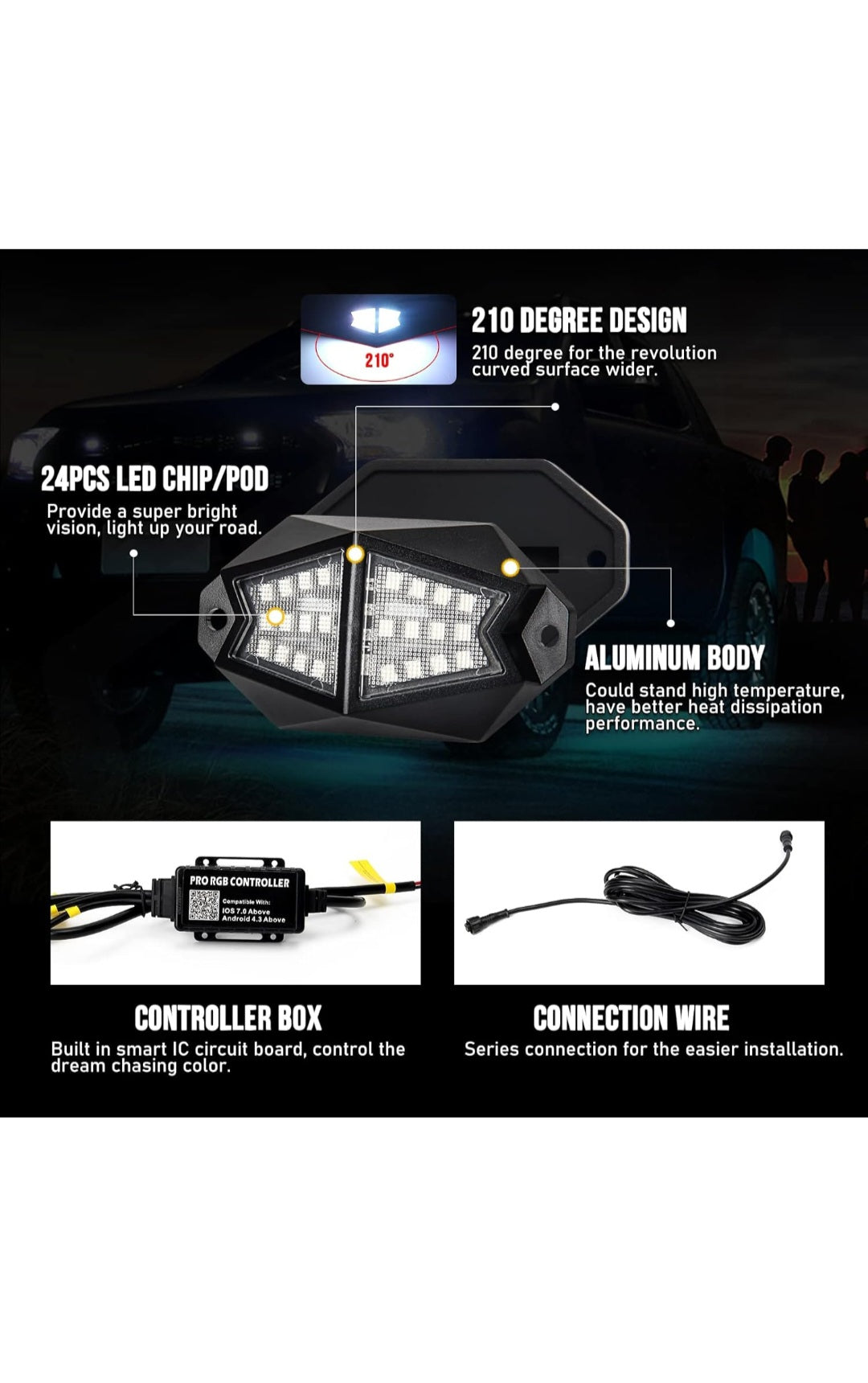 Rock Light Pods Aluminum LED Rock Lights, 210° Wide Angle RGB Rock Lights for ATV UTV OFF-ROAD vehicles