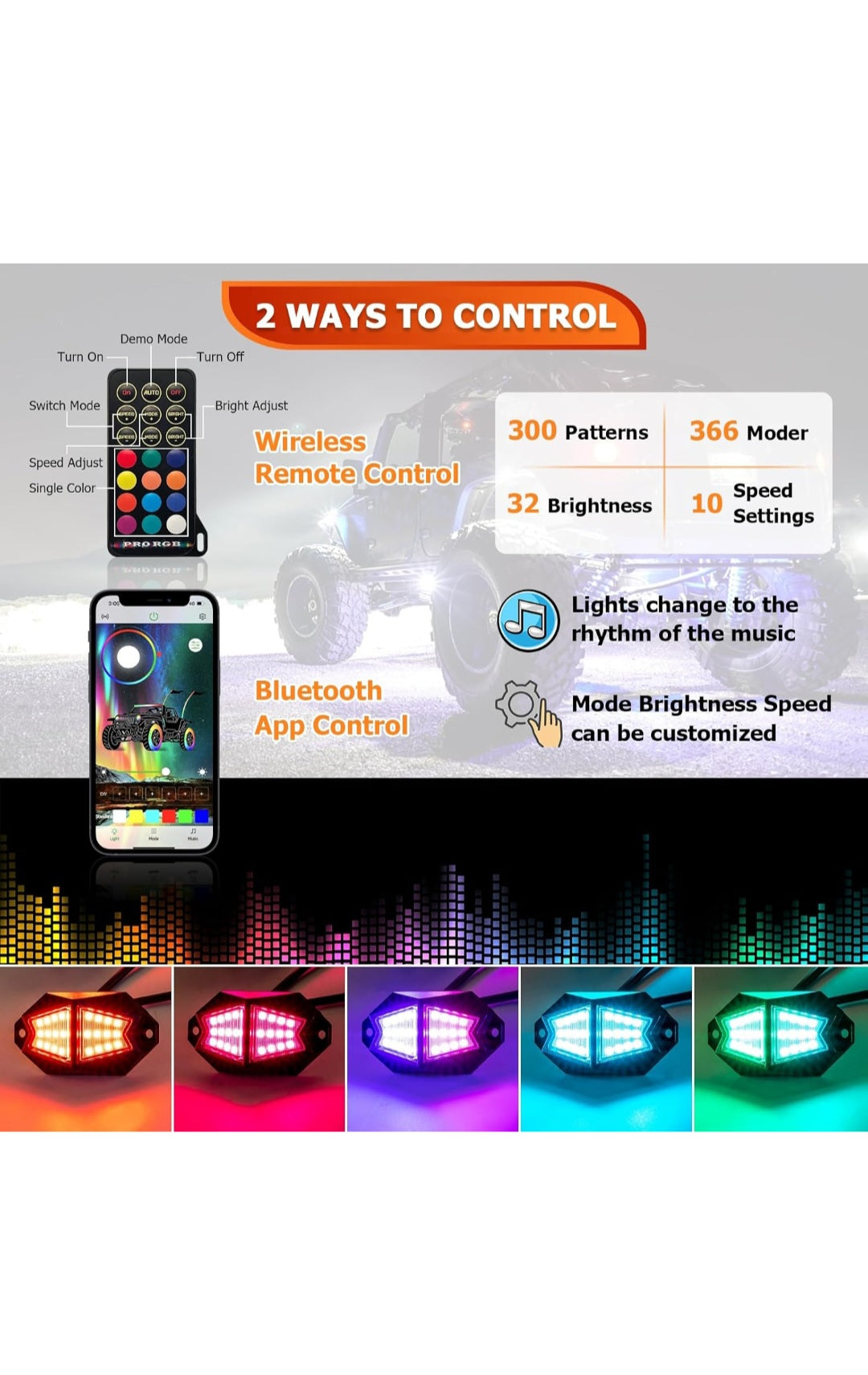 Rock Light Pods Aluminum LED Rock Lights, 210° Wide Angle RGB Rock Lights for ATV UTV OFF-ROAD vehicles