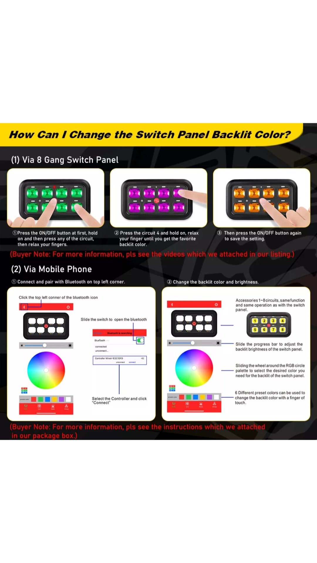 RGB 8 Gang Switch Panel With APP Toggle/ Momentary/ Pulsed Mode Supported