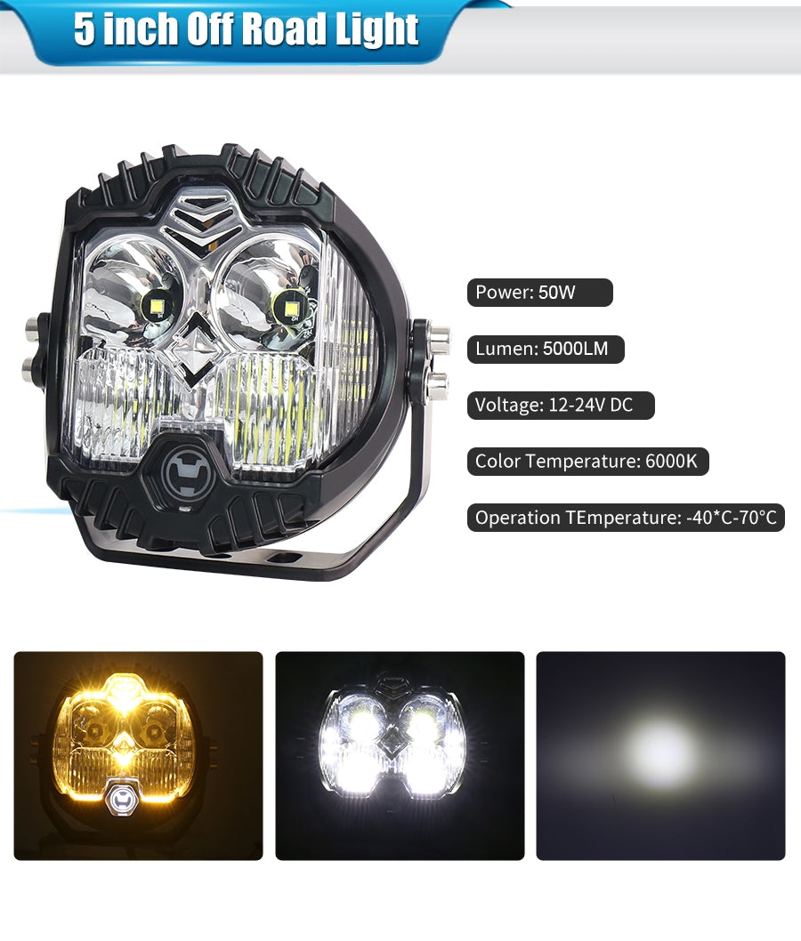 4L 12V 5" Round LED Work Light White/Yellow DRL Driving Fog Lamp Off Road LED Light For Jeep Truck 4x4 Cars SUV UTV RZR CAN-AM HONDA YAMAHA POLARIS KAWASAKI 
