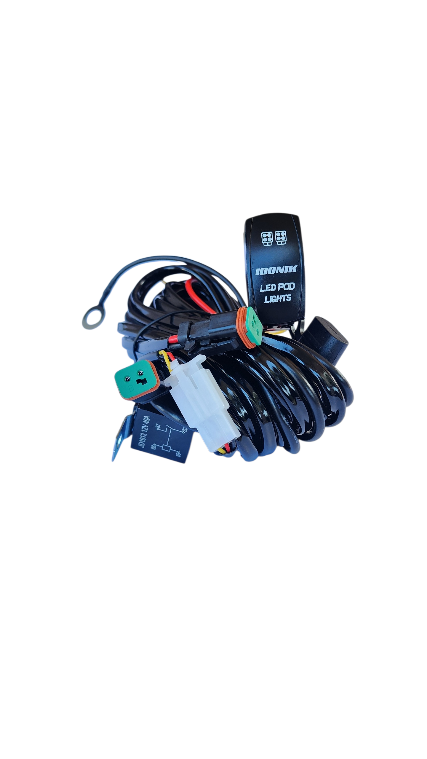 7ft 16 AWG Relay Wiring Harness with On/Off LED POD LIGHTS Rocker Switch (2-leads) 2 pin DT connectors