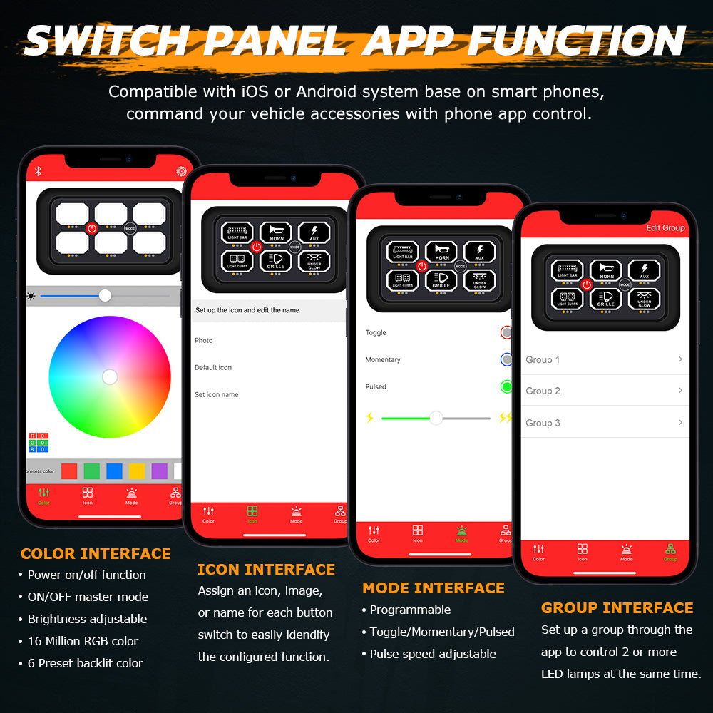 6 Gang RGB Switch Panel With Bluetooth APP Toggle/ Momentary/ Pulsed Mode Supported
