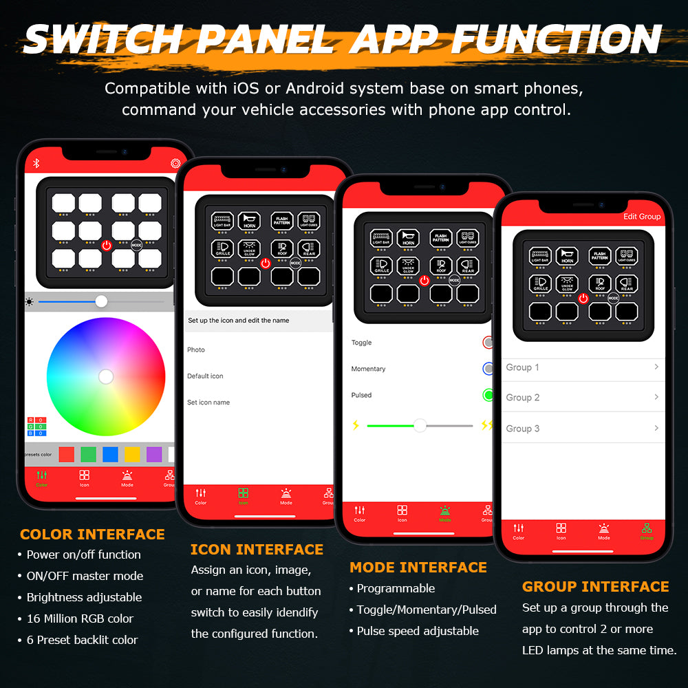 12 Gang RGB Switch Panel With Bluetooth APP Toggle/ Momentary/ Pulsed Mode Supported