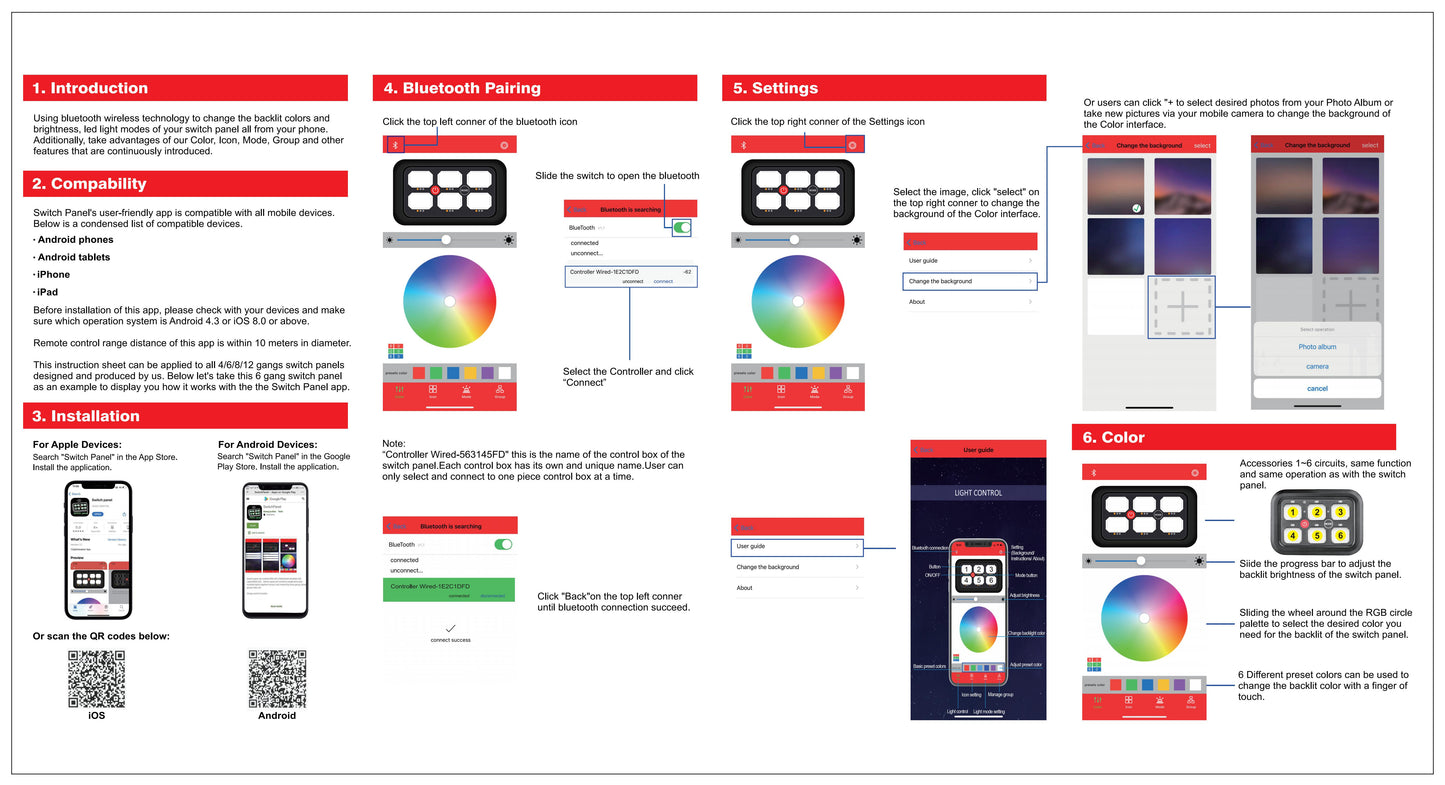 6 Gang RGB Switch Panel With Bluetooth APP Toggle/ Momentary/ Pulsed Mode Supported