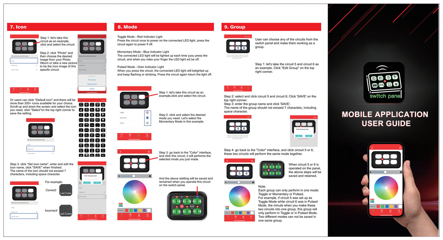 6 Gang RGB Switch Panel With Bluetooth APP Toggle/ Momentary/ Pulsed Mode Supported